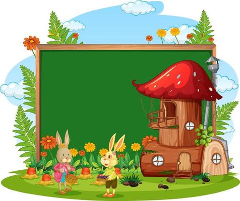 Blank banner in the garden with cute rabbits isolated