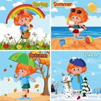 Four seasons with girl cartoon character vector