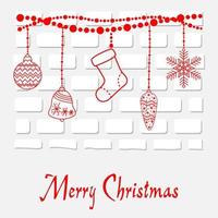 background red Christmas decorations garland are suspended on white bricks vector