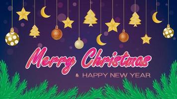 Christmas background vector illustration of stars-moon-trees-balls decorated on background with bokeh effect effect