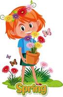 Cute girl holding flower pot with Spring word vector