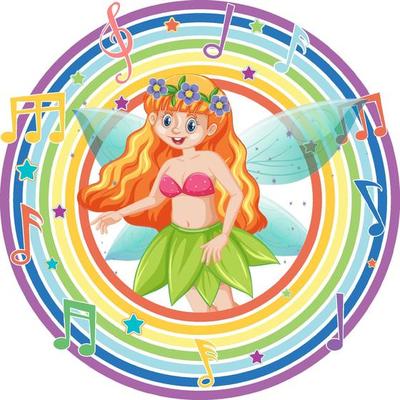 Beautiful fairy in rainbow round frame