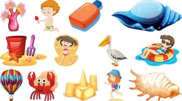 Set of summer beach objects and cartoon characters vector