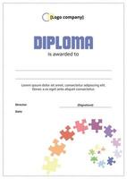 Abstract diploma template with a spiral of colorful puzzles. Diploma of the winner of sports, scientific and educational competitions. vector