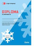 Plantilla de diploma de año nuevo de invierno con copos de nieve. diploma del ganador de concursos deportivos, científicos y educativos. vector