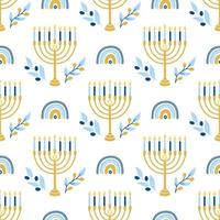 Hanukkah vector de patrones sin fisuras. Varios objetos del festival judío de luces en estilo plano.