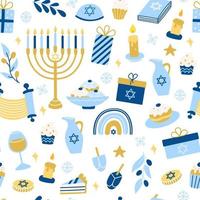 Hanukkah vector seamless pattern. Various object of Jewish festival of lights in flat style