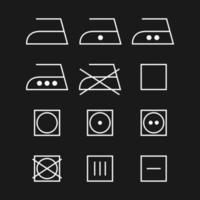 Laundry care icons. Machine and hand wash advice symbols, fabric cotton cloth type for garment labels. Isolated on black background vector
