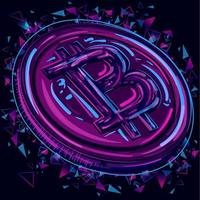 Pink and blue illustration of a digital coin and a colorful splash. Neon art of a bitcoin under UV light. Digital marketing and online banking concept. vector