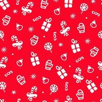 Christmas doodle seamless pattern on red background. Winter holidays design. Gift box, lollipop, mitten, xmas ball hand drawn vector illustration. Use for cards, print, textile, wrapper, backdrop.