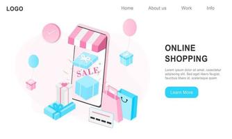 3D realistic online shopping on landing web page or mobile application concept of vector digital marketing template. Isometric paper art for digital store promotion, payment, delivery, big sale, ads.