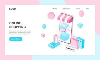 3D realistic online shopping on landing web page or mobile application concept of vector digital marketing template. Isometric paper art for digital store promotion, payment, delivery, big sale, ads.