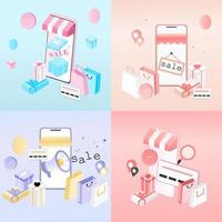 Set of 3D realistic online shopping on website or mobile application concept of vector marketing and digital marketing. Isometric paper art for digital store promotion, online payment, big sale, ads.