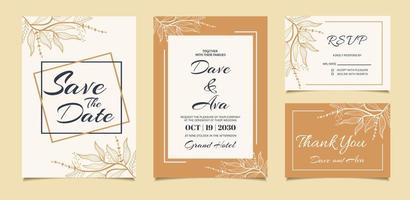 Plantilla de tarjeta de invitación de boda con elegante arte lineal de adornos florales. guardar la fecha, invitación, rsvp, tarjeta de agradecimiento, fondo blanco y marrón. vector