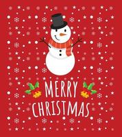 Cute Greeting Merry Christmas Card with cute snowman in Red Background. vector