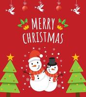 Cute Greeting Merry Christmas Card with two cute snowman brothers and two christmas tree in Red Background. vector