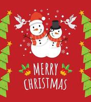 Cute Greeting Merry Christmas Card with two cute snowman brothers in Red Background. vector