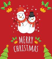 Cute Greeting Merry Christmas Card with two cute snowman brothers and christmas tree in Red Background. vector