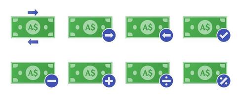 Conjunto de iconos de transacciones de dinero en dólares australianos vector