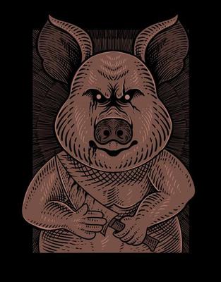 illustration vintage psychopath pig with engraving style