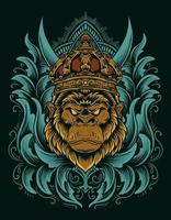 ilustración, vector, gorila, rey, con, grabado, ornamento
