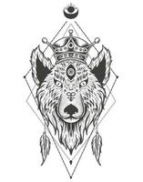 ilustración, vector, rey lobo, con, grabado, estilo vector