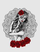 ilustración, vector, azúcar, cráneo, mujer, tatuaje, con, flor rosa vector