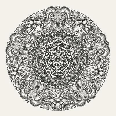 Elegant Circle mandala with goat skull on white background