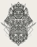 ilustración, vector, samurai, ornamento, cabeza, monocromo, estilo vector