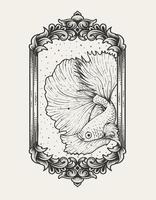 Ilustración vectorial de peces Betta monocromo con adornos de acuario antiguo vector