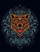 illustration vector angry wolf head with antique ornament