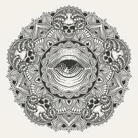 Elegant Circle mandala with skull and illuminati eyes on white background vector