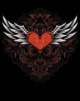 illustration heart wings with vintage engraving ornament vector