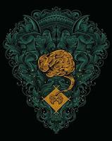 illustration brain control with two baby demon engraving ornament style vector