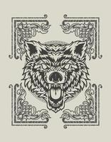 Ilustración vector cabeza de lobo enojado con adornos antiguos