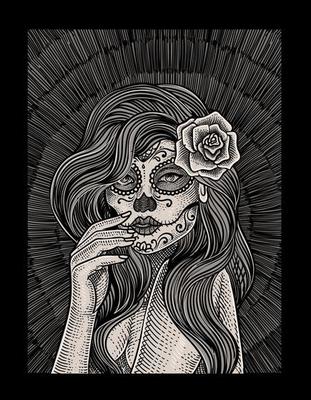 illustration sugar lady skull with engraving style