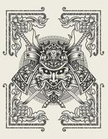 ilustración, vector, samurai, cabeza, grabado, ornamento vector
