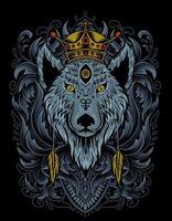 Illustration king vector wolf head with vintage engraving ornament on black background