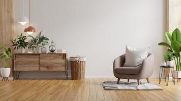 interior minimalista moderno con un sillón sobre fondo de pared blanca vacía.