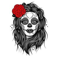 dia de los muertos, dia de los muertos, fiesta mexicana, festival. cartel, pancarta y tarjeta con maquillaje de calavera de azúcar, mujer con corona de flores. concepto de halloween vector