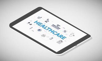 healthcare concept on tablet screen with isometric 3d style vector