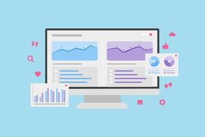 seo search engine optimization with graph and chart analysis on computer desktop screen with modern flat style vector