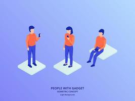 people use smartphone with standing and sit with isometric style vector