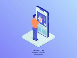 finger print biometric scanner with people standing in front smartphone with isometric style vector
