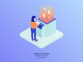 woman upload data concept with uploading document via tools hardware with isometric style vector