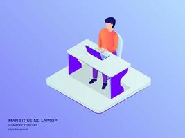 man work on the desk table with laptop notebook analyze data with modern isometric style vector