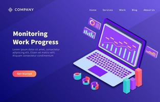 monitoring work progress concept online with computer and data analysis report summary vector