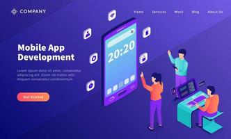 mobile app development with team developer and big smartphone icon for website template or landing homepage vector