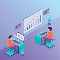 data analysis team office analyzing graph and chart with isometric flat style vector