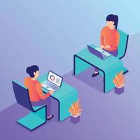 office situation with two woman work on computer with isometric style vector